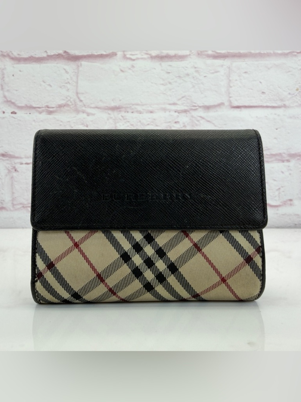 BURBERRY Beige Black Plaid Saffiano Leather Nylon Wallet